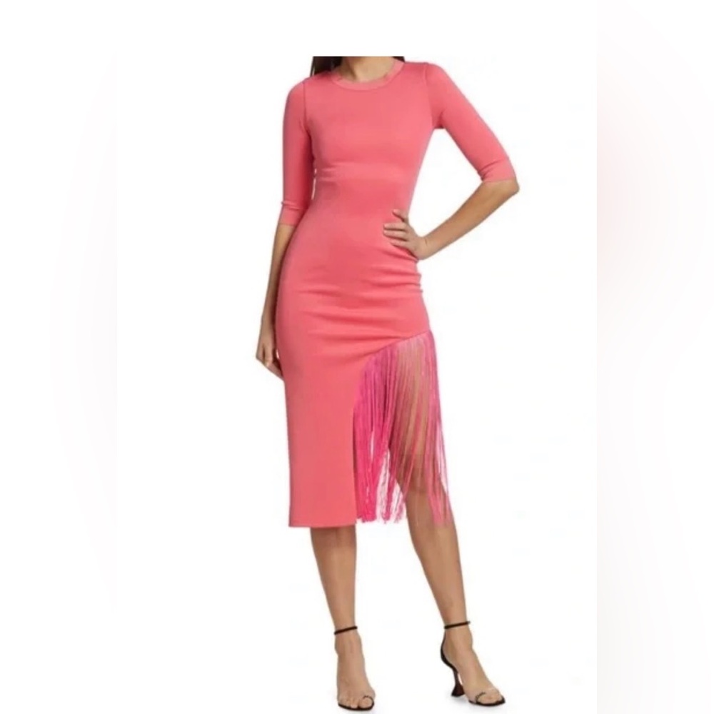 Alice + Olivia Keanna Asymmetrical Pink Fringe Bodycon Dress